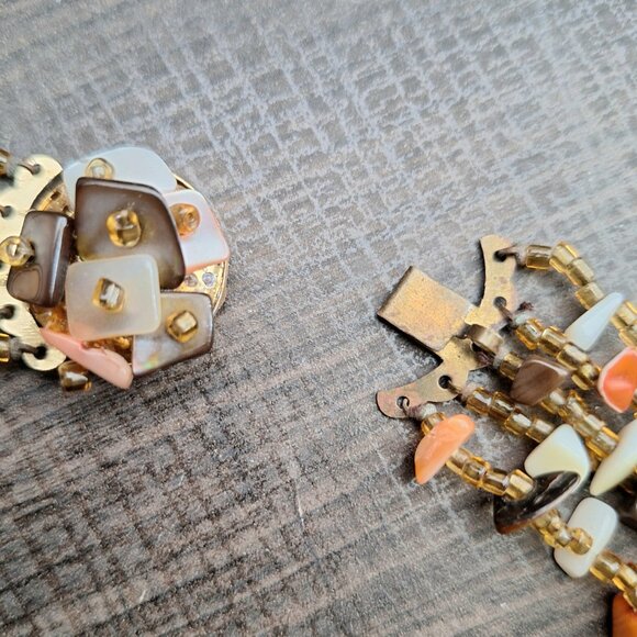 Vintage Multi Strand Stone Necklace Statement Choker - Brown Orange Cream - Picture 6 of 7